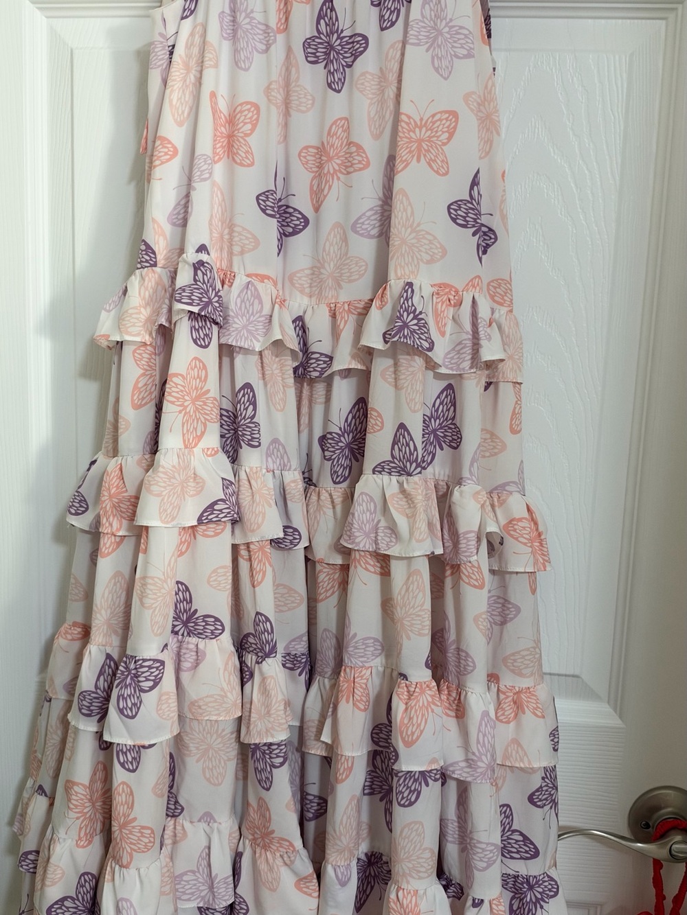 Floral Butterfly Tiered Ruffle Maxi Skirt - White with Purple & Peach